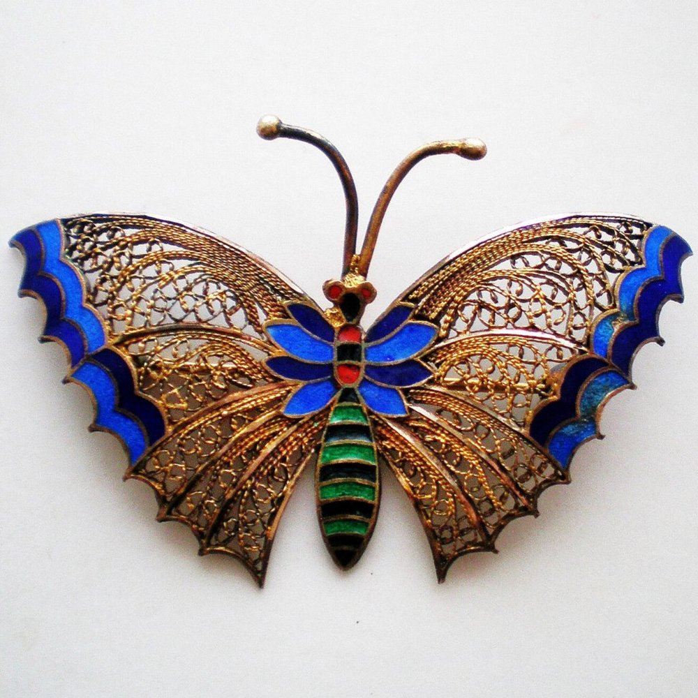 Vintage Cloisonne Enamel Gilded Sterling Silver Butterfly Filigree Pin Brooch